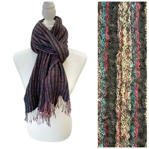 Kashmiri Wool Silk Striped Winter Scarf 11” x 64” Red Teal Blue Black Multicolor